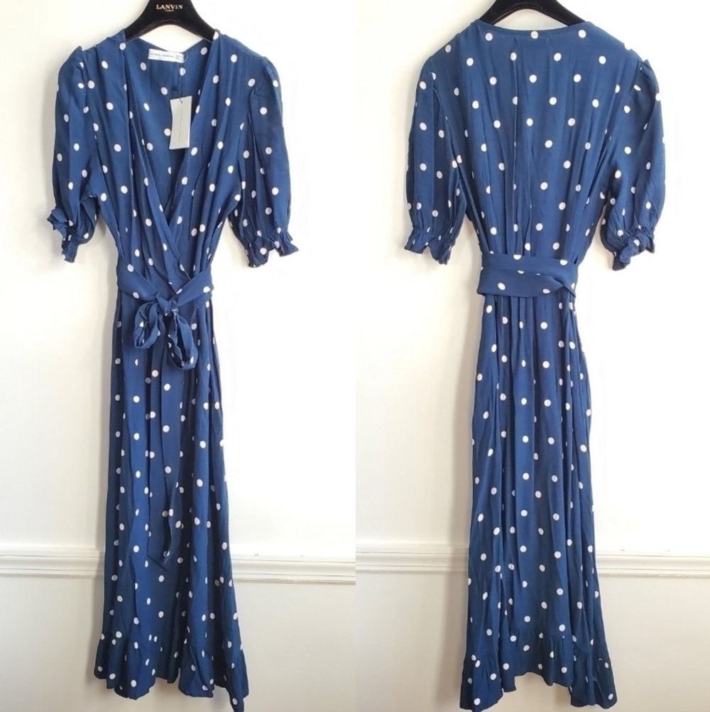 Faithfull The Brand Abbey Wrap Ronja Polka Dot Vintage Blue Dress NWT Sz 6 US/M